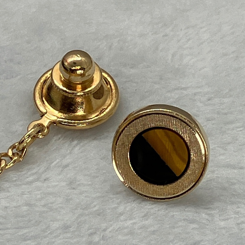 Vtg Gold Tone Tigers Eye/ Onyx Tie Tack Pin Old Money MCM Estate
